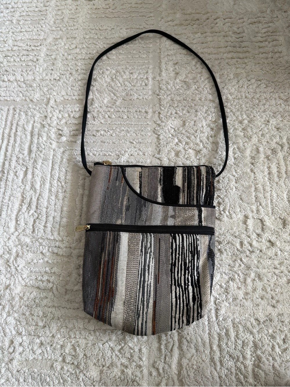 Danny K Striped Neutral Crossbody Bag Gray and Black
